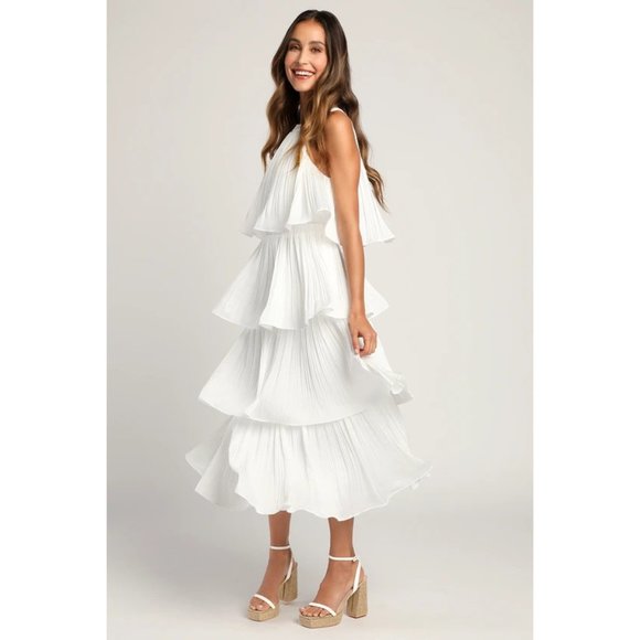 Lulus Dresses & Skirts - Lulus Tier and Far Sleeveless Tiered Pleated Halter Midi Dress in White XL NWOT